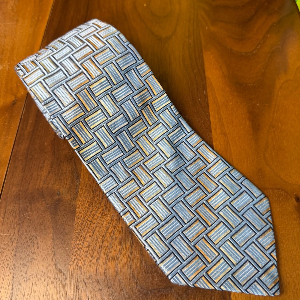 XMI Nordstrom Men's Necktie All Silk Blue‎ Gold Woven Geometric Pattern